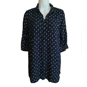 PEOPLE navy blue and white leaf print tunic L